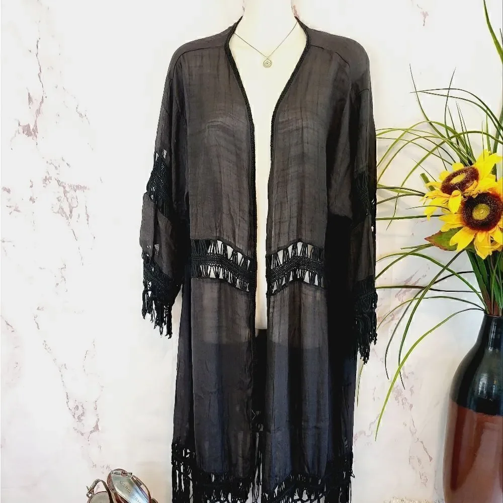 New gauzy swimsuit cover up with crochet and fringe details